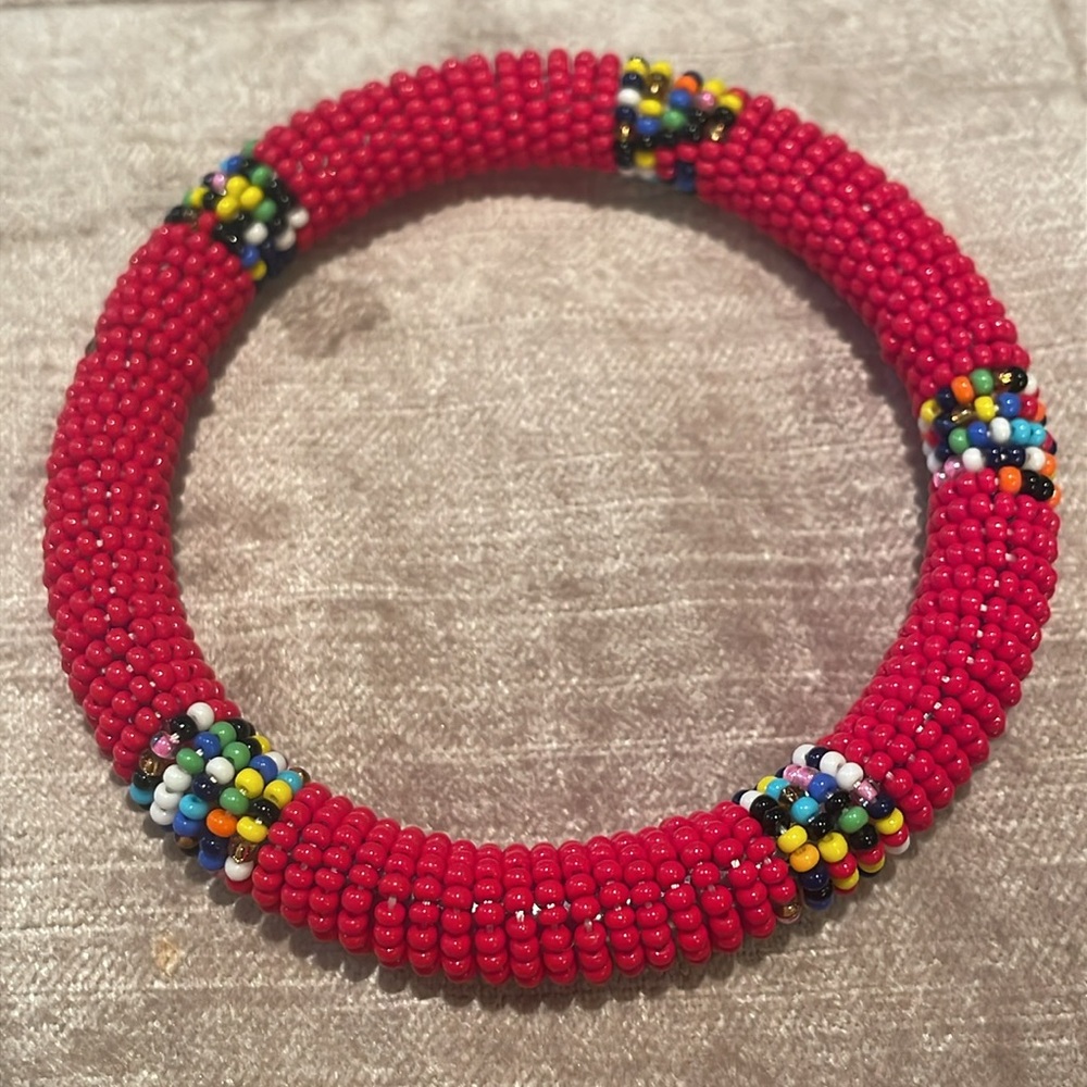 Red Navajo Beaded Bangle Bracelet 7-8”